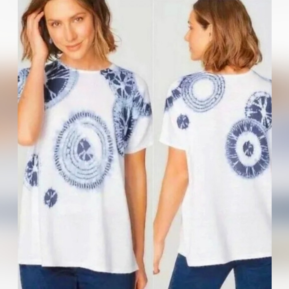 J. Jill White Tee with Blue Tie-Dye Circles